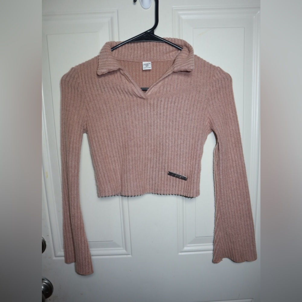 SHEIN Blush Ribbed Knit Collared Sweater